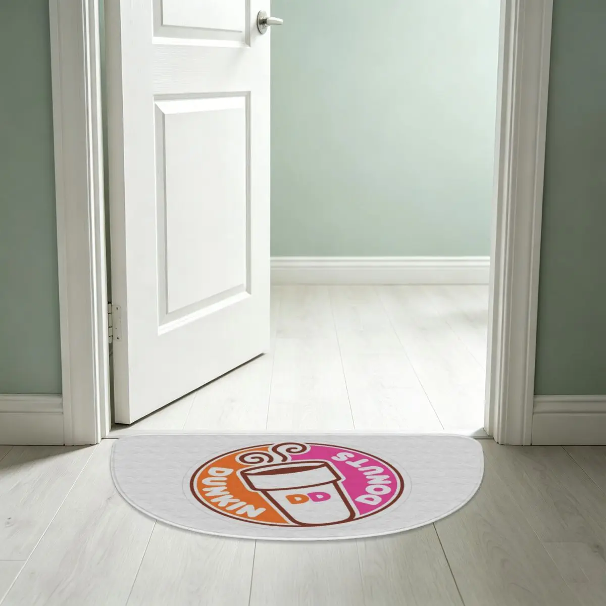 Dunkin Donuts Soft Flannel Half Round Doormat Non Slip Bathroom Mat Absorbent Floor Carpet for Laundry Room Bathroom view 5