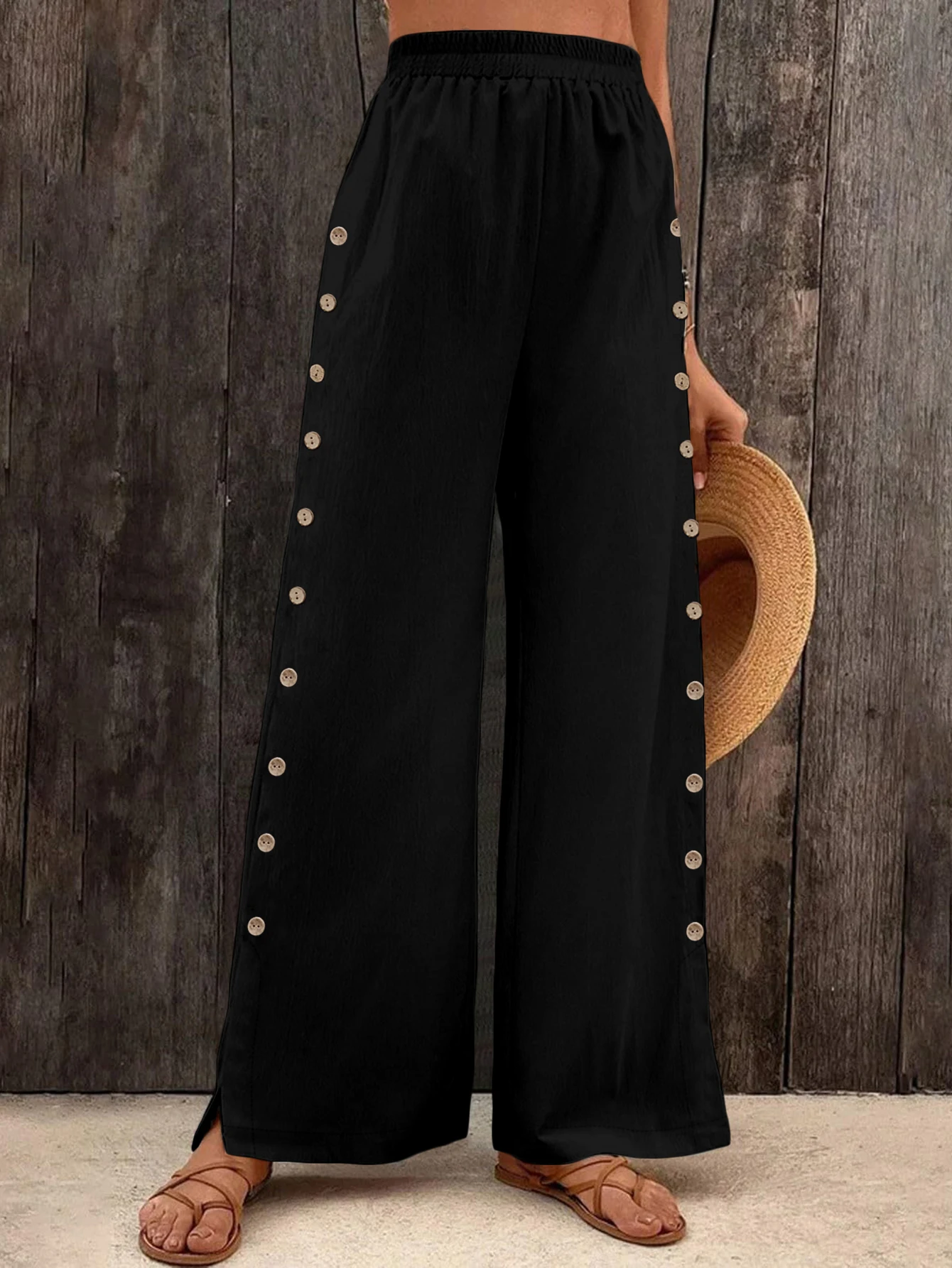 Women Fashion Elastic Waist Wide Leg Pants Button Decor Casual Solid Color Loose Female Elegant Trousers