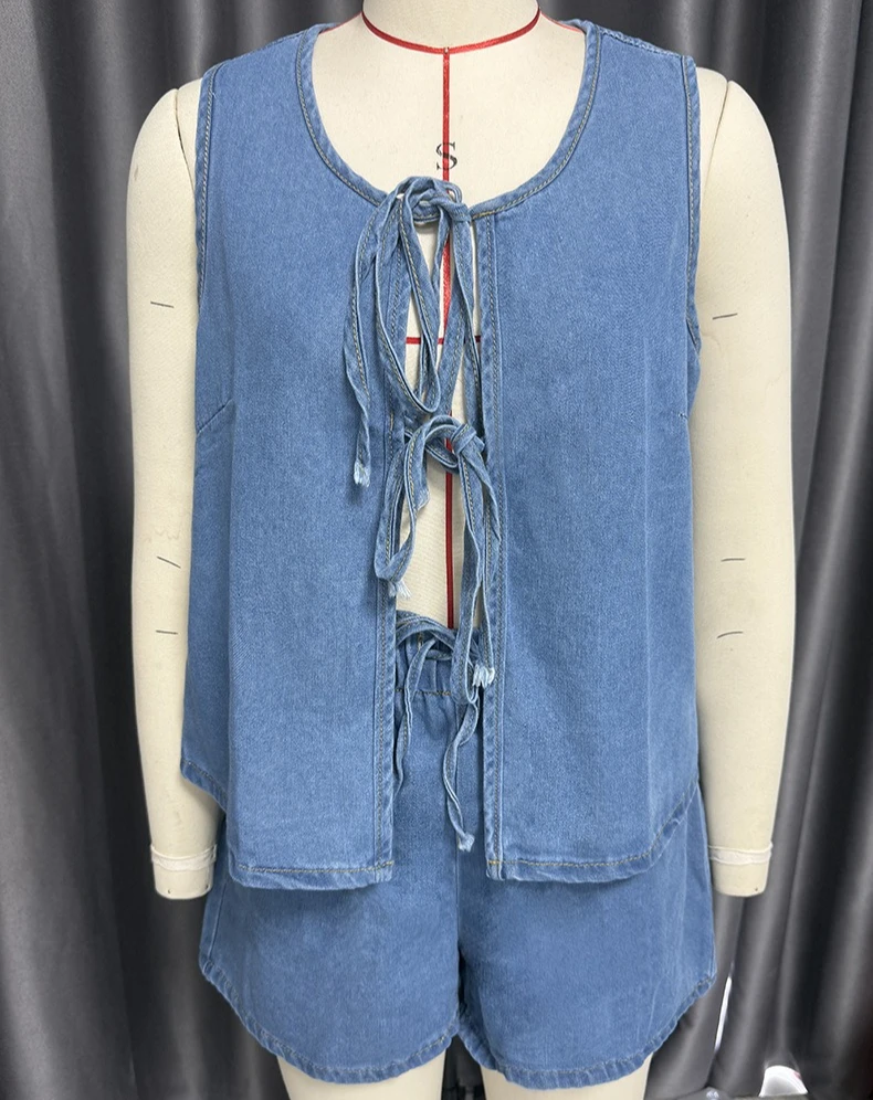 

Denim Two Piece Sets Women Short Pants Outfits Casual 2025 Sleeveless Tank Top Lace Up High Waist Shorts Suits Y2k Streetwear