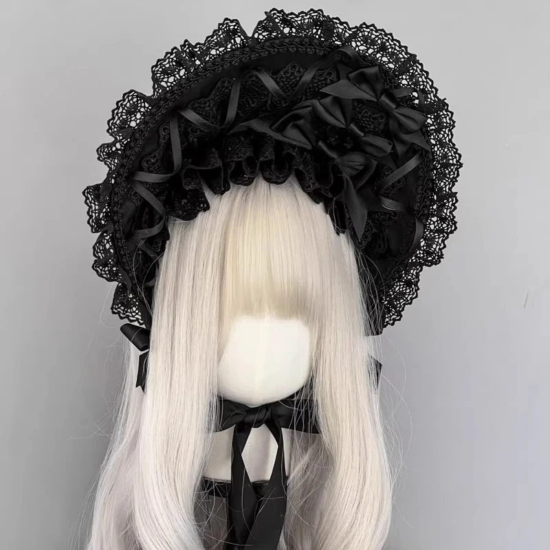 

Original Handmade Lolita Black Lace Bonnet Dark Gothic Style Customizable Color
