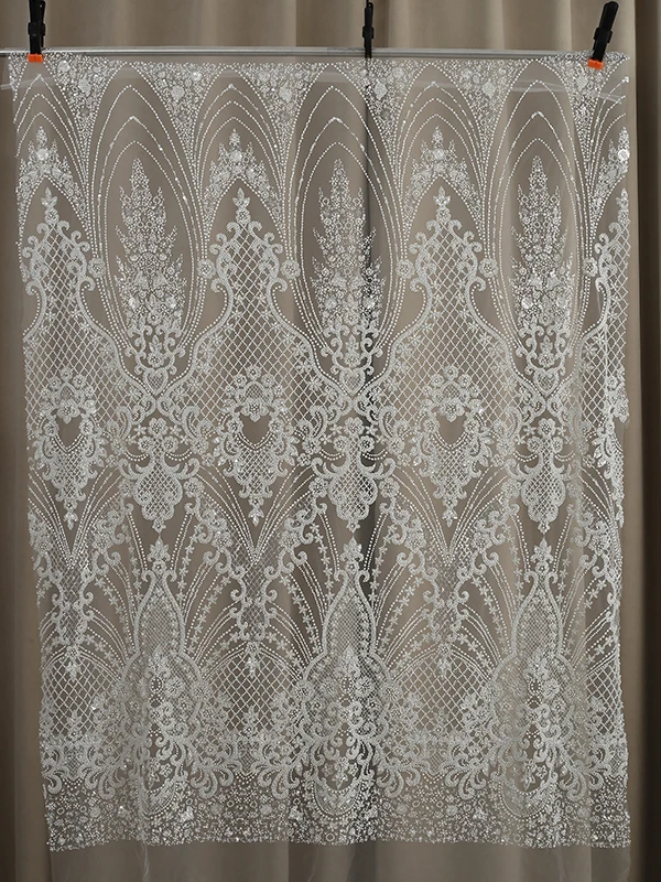 

Wedding Gown High Quality Full Beaded Tube Sequin Embroidery Tulle Bridal Fabric for Runway Fashion Dresses Material