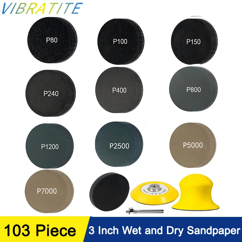3 Inch Wet and Dry Sandpaper 103 Pcs Assorted 80-7000 Grits Hook and Loop Sanding Paper for Grinding Car Wood Metal Plastic