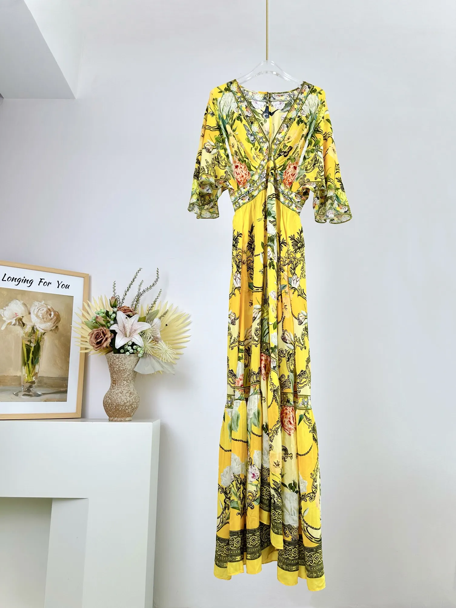 Women Rhinestone Yellow Maxi Dress Flower Positioning Print V-Neck Short Sleeve High Waist Casual Ladies Silk Robe