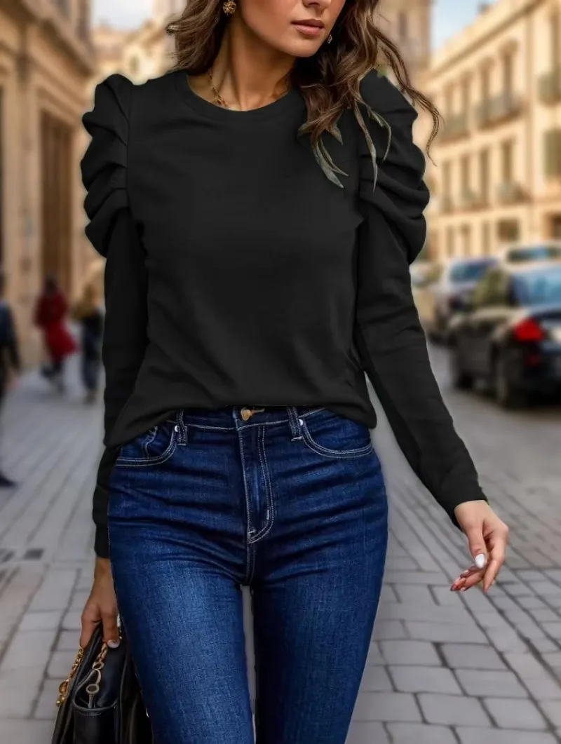 Jerséis informales lisos con cuello redondo para mujer, sudaderas de lana ajustadas para mujer, sudaderas holgadas de manga larga con volantes,