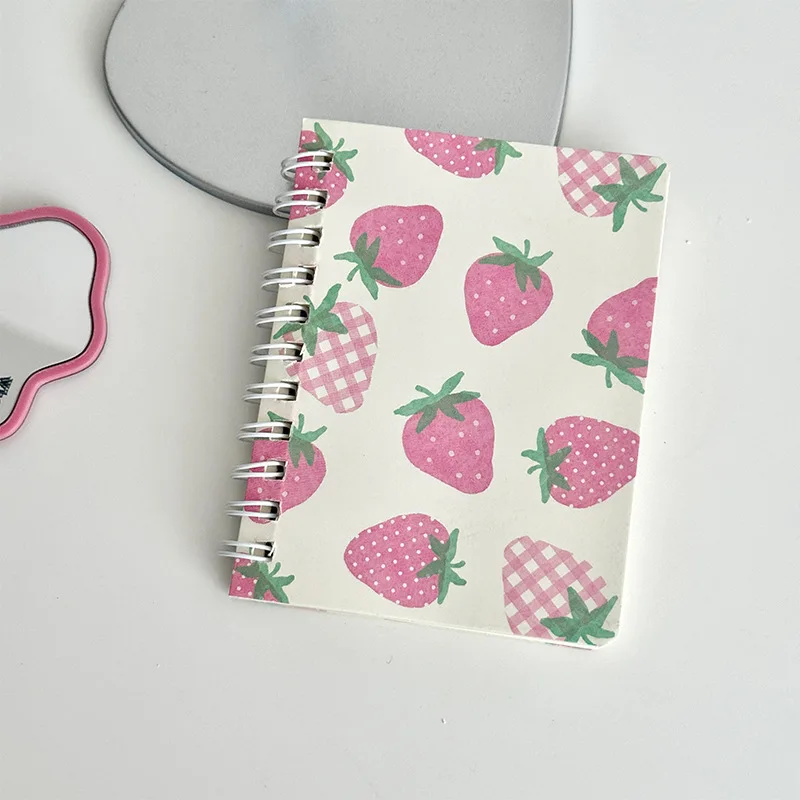 Cute Strawberry Cartoon Spiral Notebook, A7 Side‑flip Pocket Mini Notebook, Portable Aesthetic Journal for Student Note Taking
