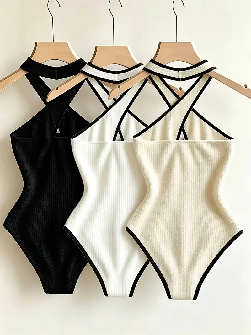 Fashion Halter Bodysuit Criss Cross Neck Cutout Ribbed Knit Contrast Trim Slim Women Sleeveless Body Suit Club Outfit