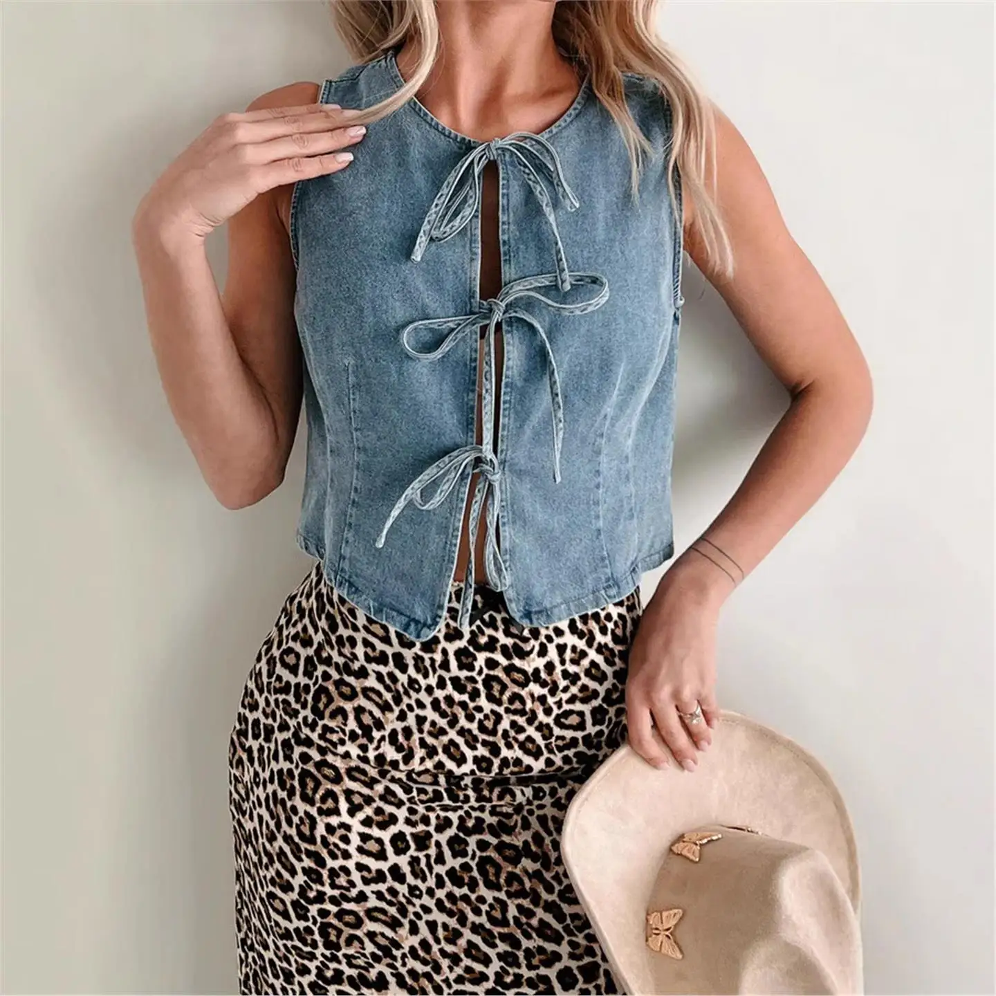 

Женский повседневный летний модный джинсовый жилет с круглым вырезом Ne Tie Dye, цвет длины, другое волокно, 00% хлопок