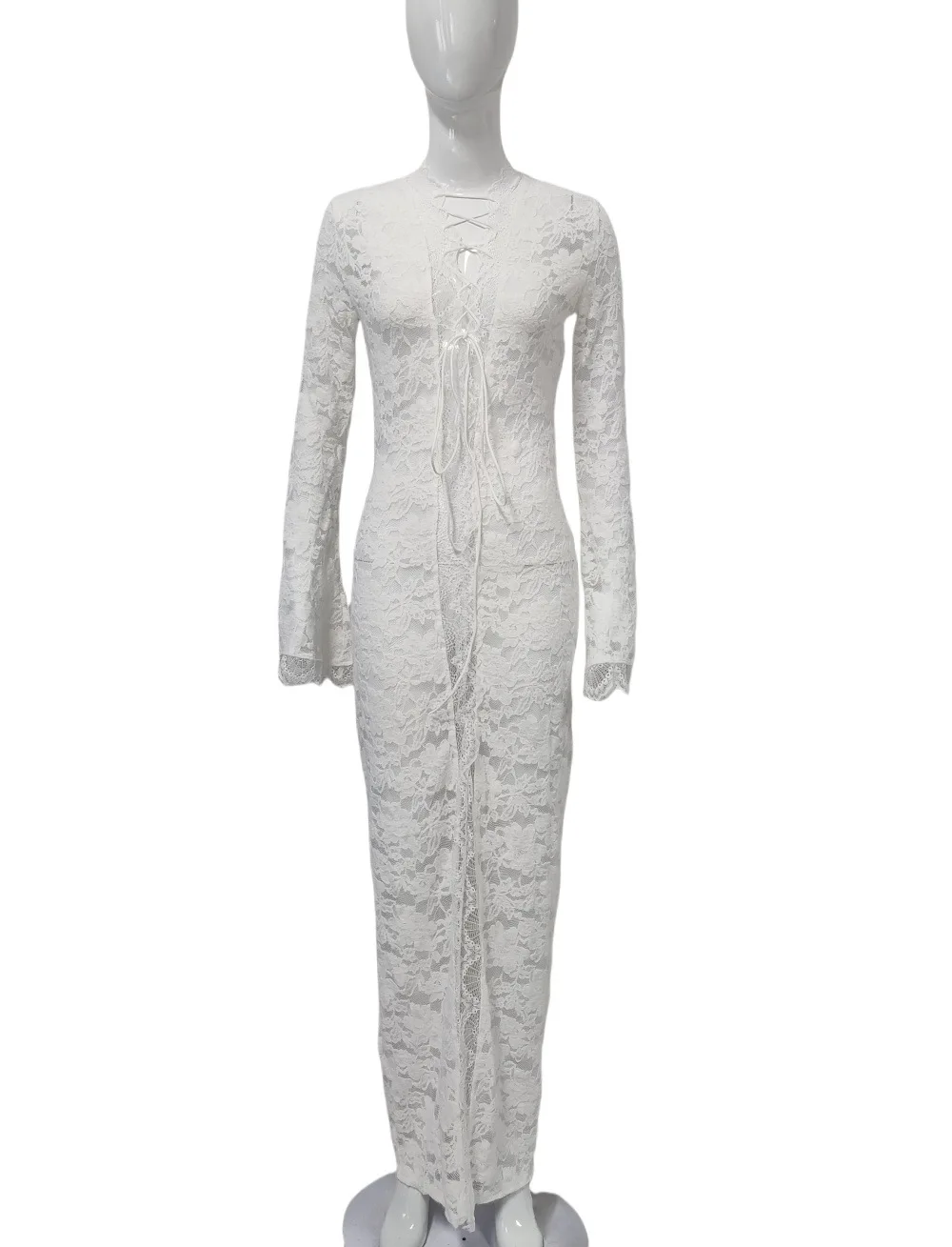 Abito sexy alla caviglia con scollo a V a maniche lunghe di nuova moda con lacci tinta unita slim fit tubino in pizzo trasparente con spacco per le donne