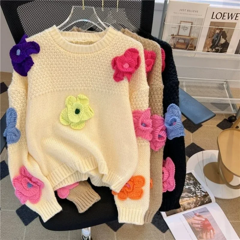 

French sweet lazy wind dopamine three-dimensional flower pullover sweater 2024 autumn and winter new loose sweater women