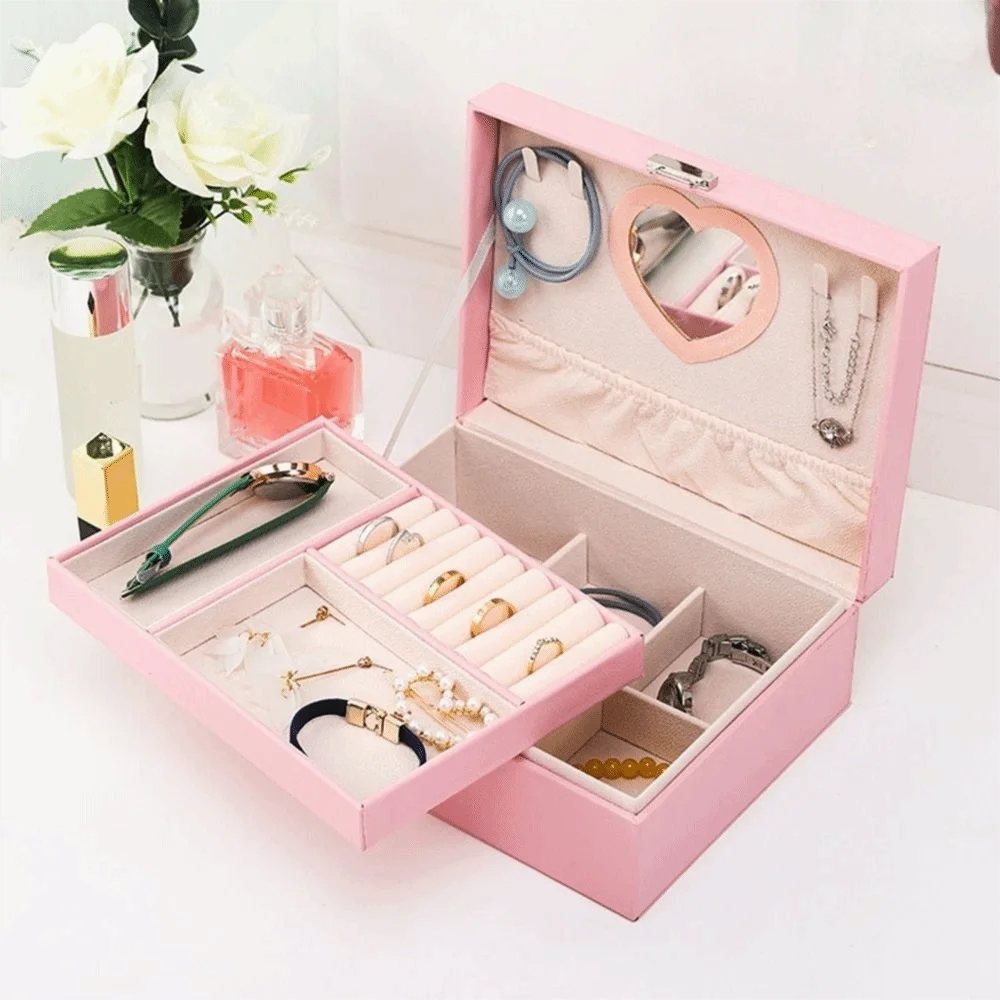 Practical PU Double Layer Jewelry Box Dustproof Lockable Jewelry Storage Box Large Capacity Cosmetics Box Rings