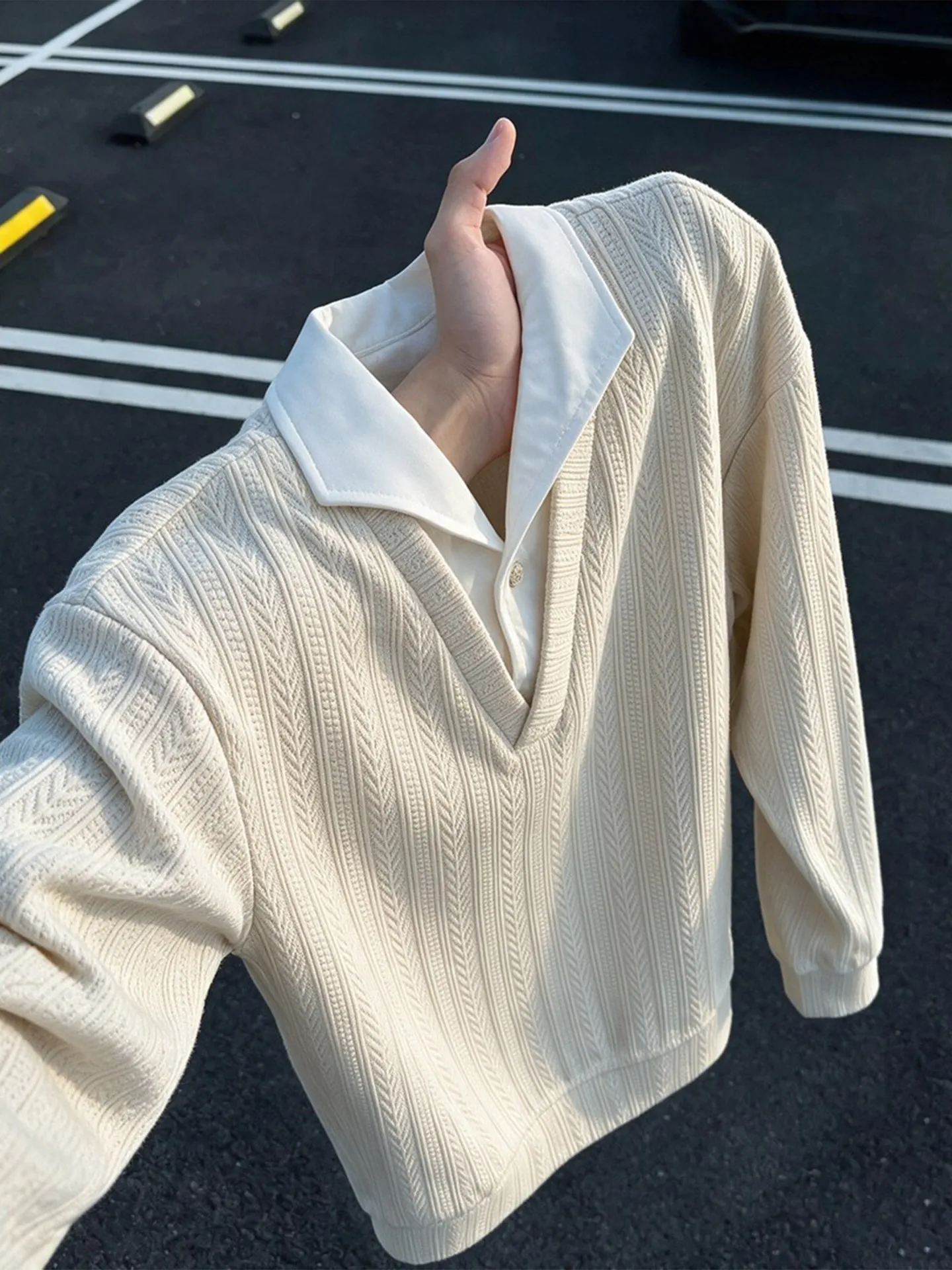 Men's Long Sleeve  Shirt Spring Autumn Style Fake Two-Piece Wheat Ear Pattern Turn-down Collar Casual Fashion for Youth