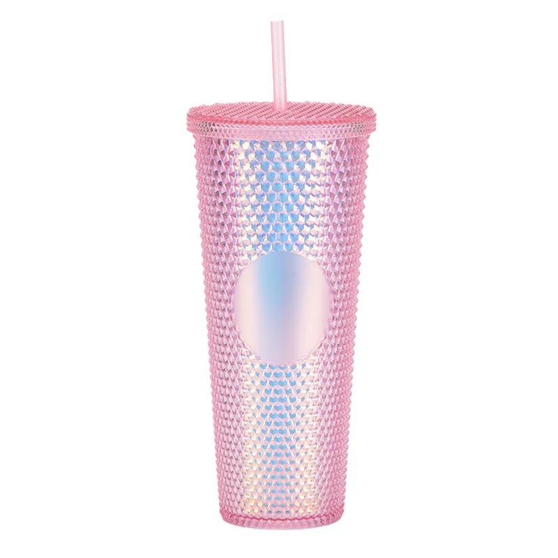 Double Wall 710ml 24oz Noctilucence Plastic Tumbler Bling Studded Straw Cold Cup With No Logo AB color