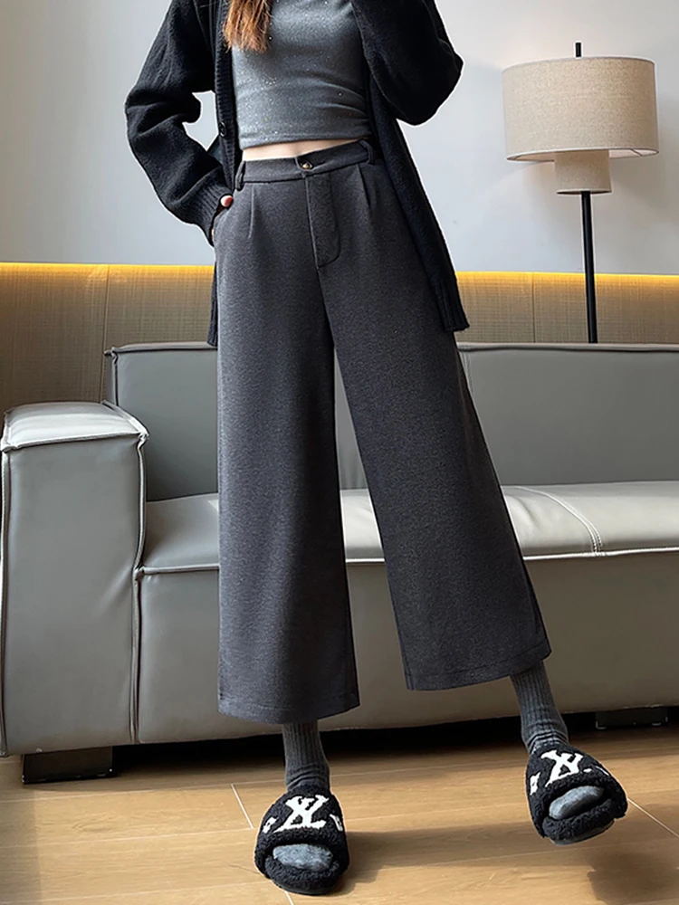Hoge taille rechte pijp wollen casual broek dames herfst winter mode afslankende wijde pijpen broek (7 voet)