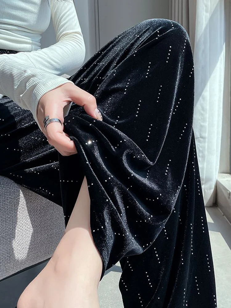 

Golden Velvet Hot Diamond Pants for women, 2025 Drawstring Wide Leg Pants Loose Floor Dragging Straight Leg Pants