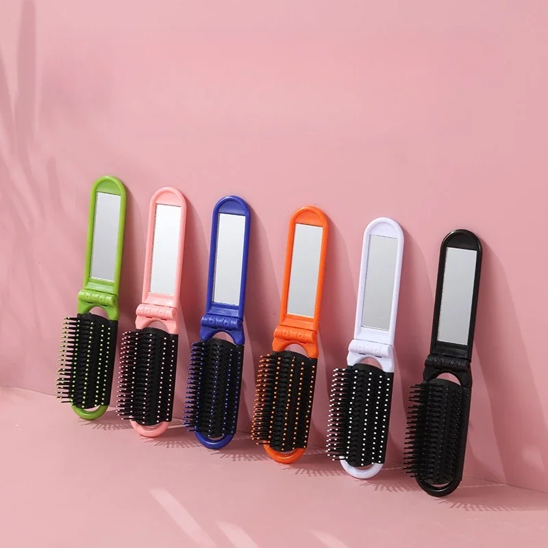 1pc Anti Static 2 in 1 Comb Mirror Set Mini Colorful Air Bag Hair Comb Compact Pocket Dual-Use Foldable Hair Brush with Mirror