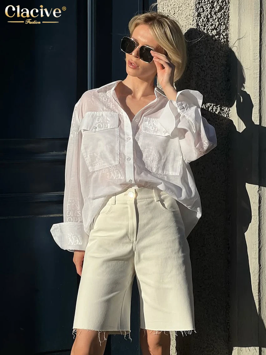 Clacive Fashion Loose Print Women's Shirt 2025 Casual Lapel Long Sleeve Blouse Elegant Classic Pockets Top Female Clothing
