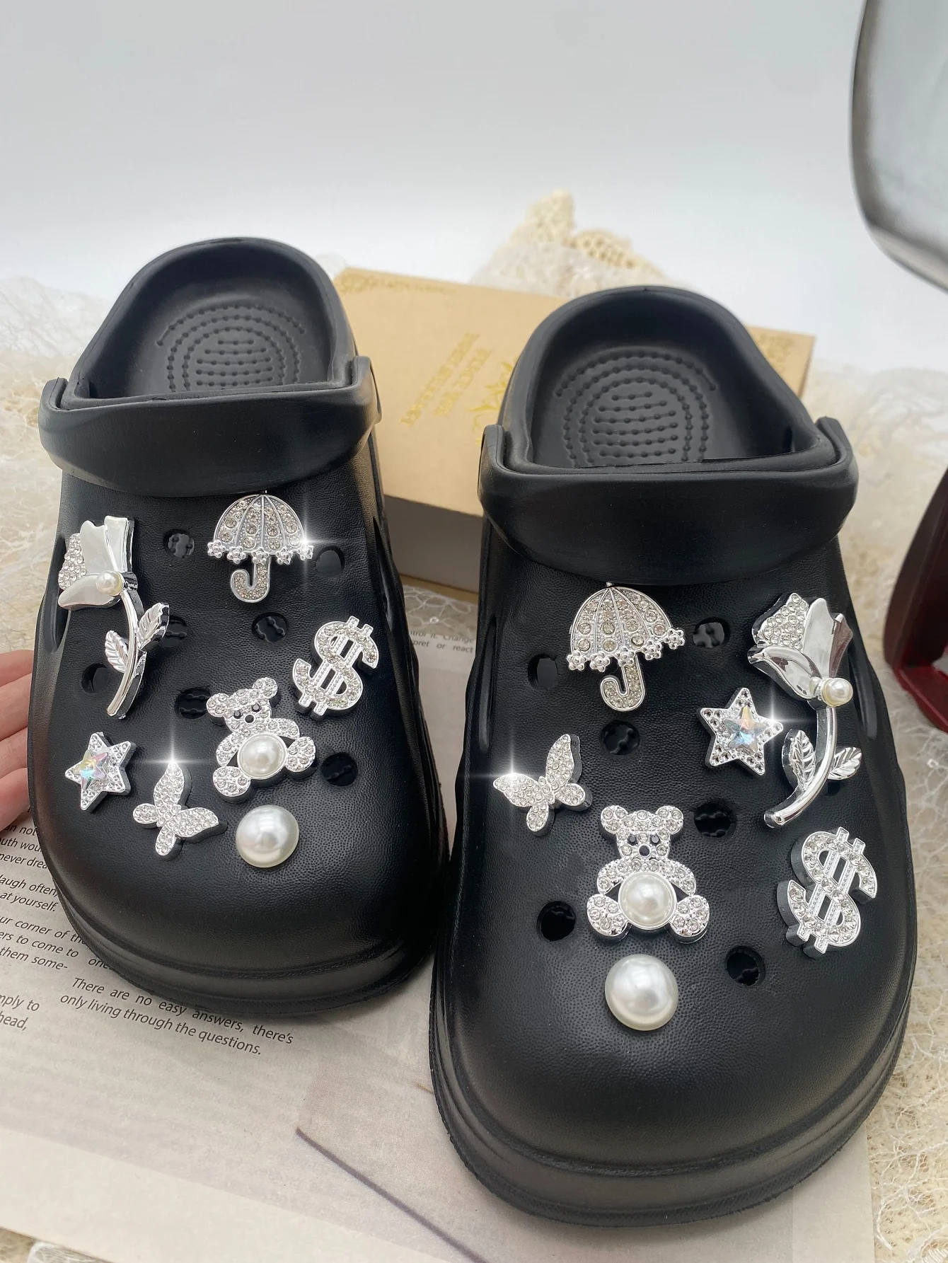 14-Piece Fashionable & Versatile Silver Bear Pearl DIY Detachable Shoe Charms (ABS) - Garden Clog Buckles & Outdoor All-Season S