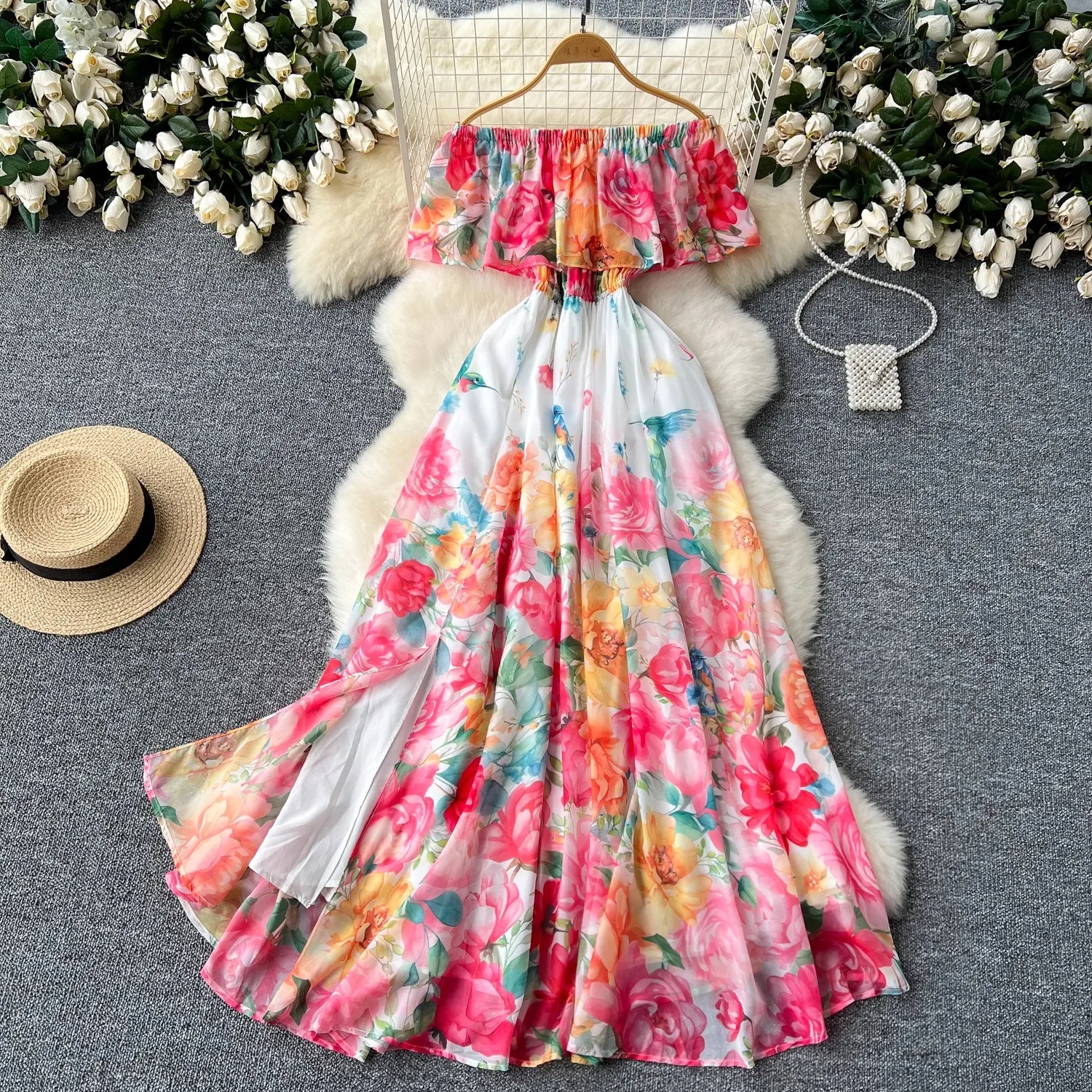 

Summer Women Print Boho Dress Fashion Sexy Slash Neck Maxi Dresses For Femme Casual Elegant Party Vestidos Robe 2024 New Female