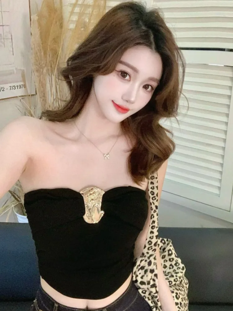 

Korean Style Metal Buckle Strapless Vest Women's Spring Summer New One-Shoulder Pure Desire Base Shirt Short Length Color