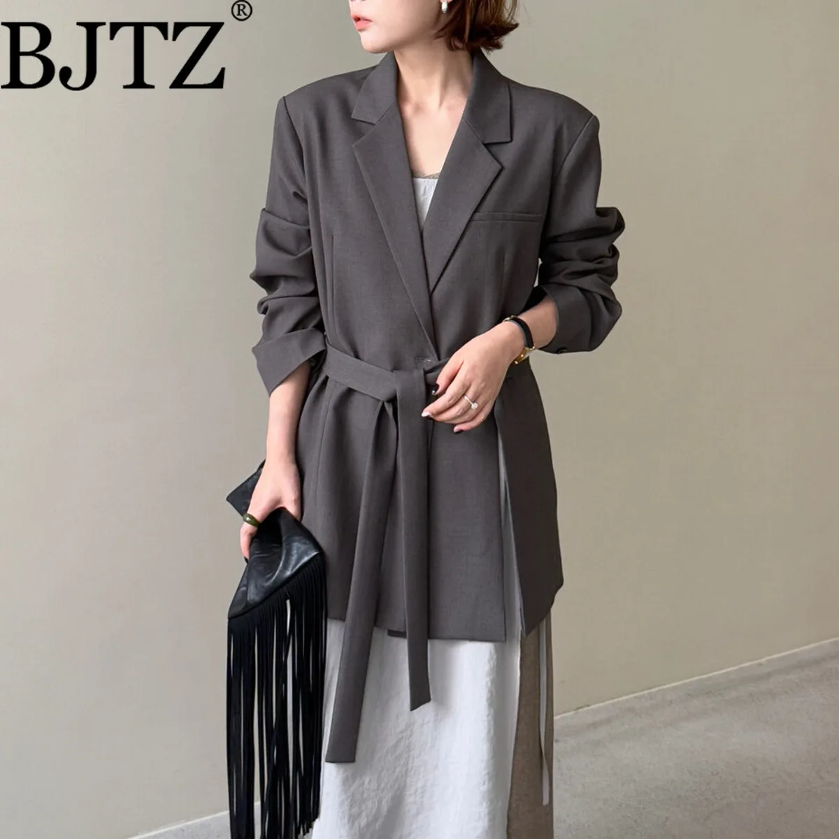 

BJTZ 2025 весенне-осенний женский повседневный пиджак с поясом, элегантная офисная рабочая одежда, легкая куртка, шикарные топы с переходными погодами