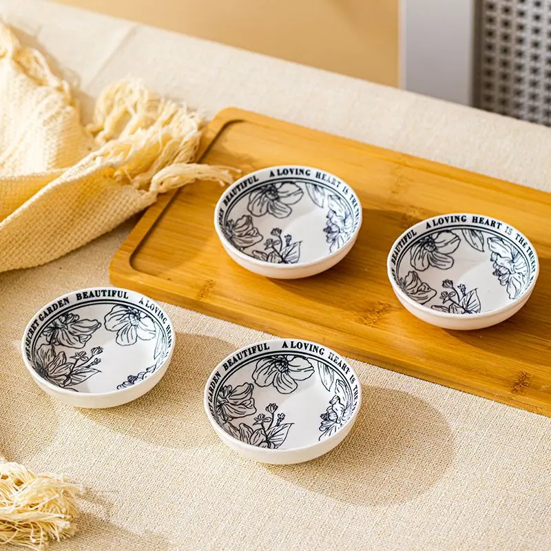 Retro Printing Snack Dishes Ceramics Household Dipping Sauce Plate Circular Japanese Restaurant Fruit Dish 1pc/2/4pcs Tableware