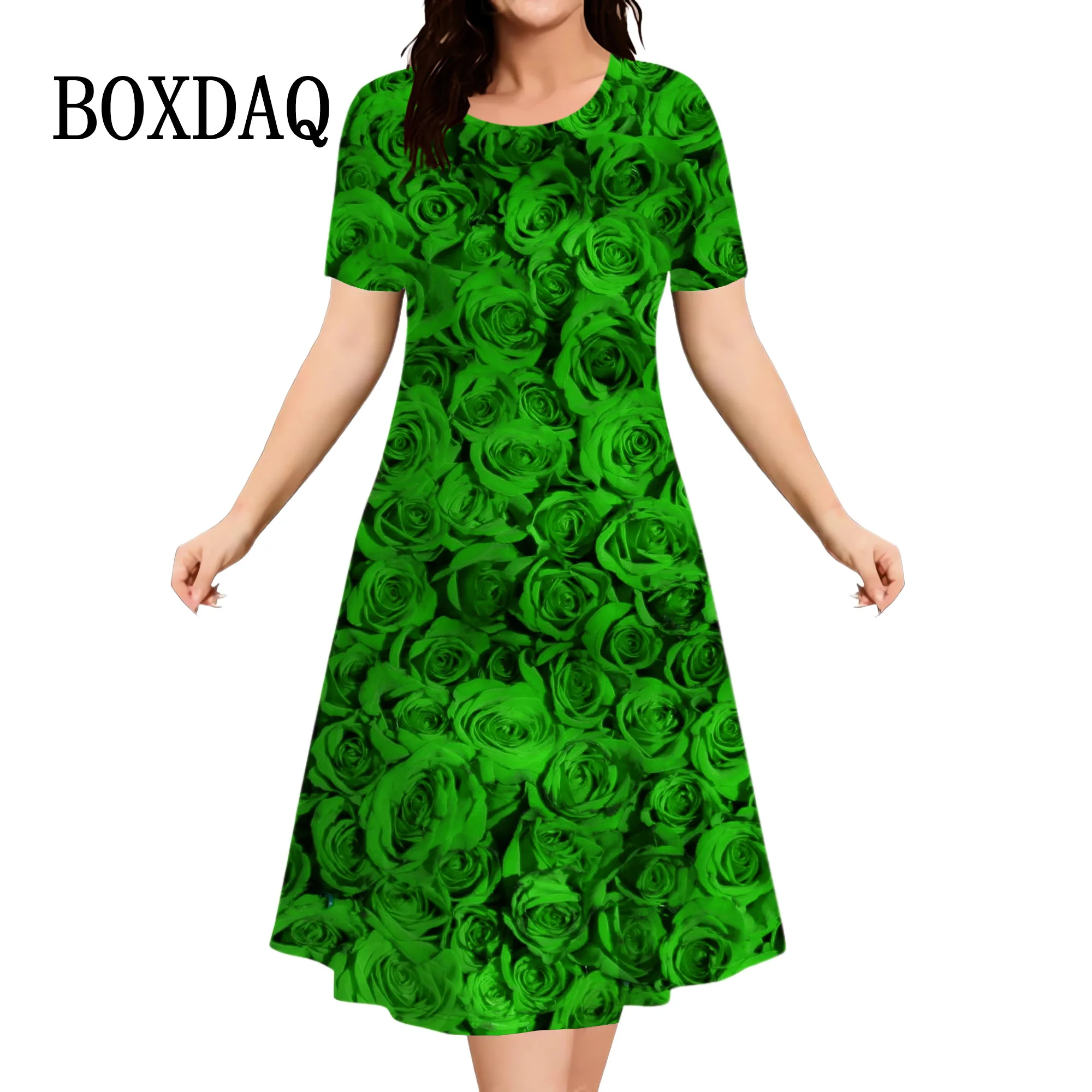 Blue Red Rose Flowers Dress Women Pullover Summer 3D Print Casual Retro Dress New 2024 Ladies Plus Size Short Sleeve Mini Dress