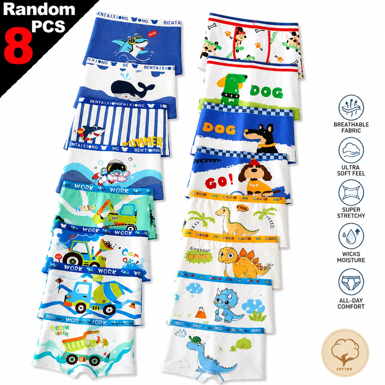 Multi-pack 4/8 Pieces Children's Cotton Underwear Excavator Shark Dinosaur Cartoon Boys Trunks Various Printed Boys Boxer Shorts