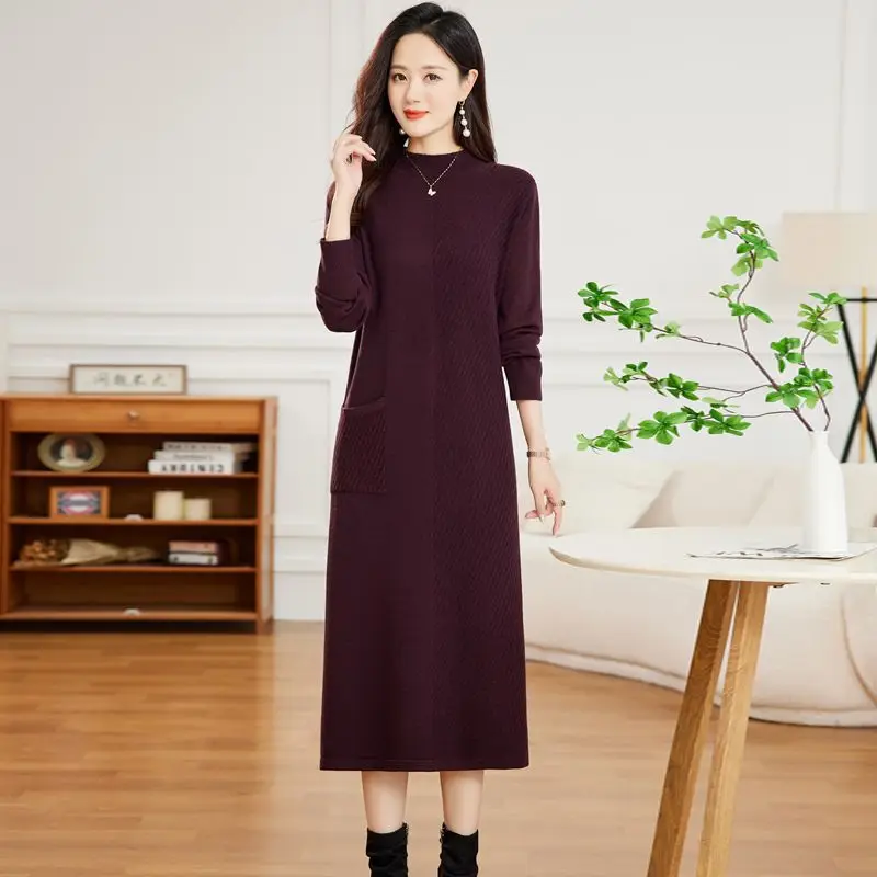 Middle Aged Mother Sweater Dress Women Long Sleeves Knitting Pullover Spring Autumn Female Clothing Large Size Woolen Jumper