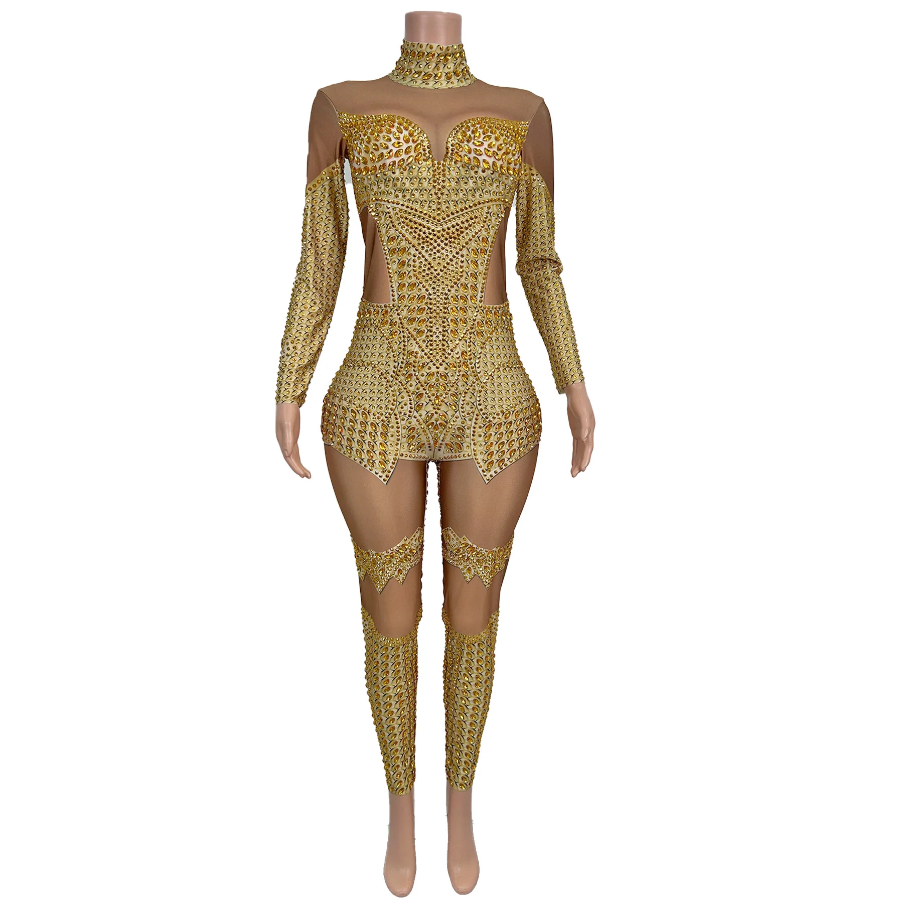 

Shengdoushi Sparkling Gold Rhinestone Jumpsuit High Elasticity Tight Pants Bar Performance Outfit Christmas New Year Prom Gowns