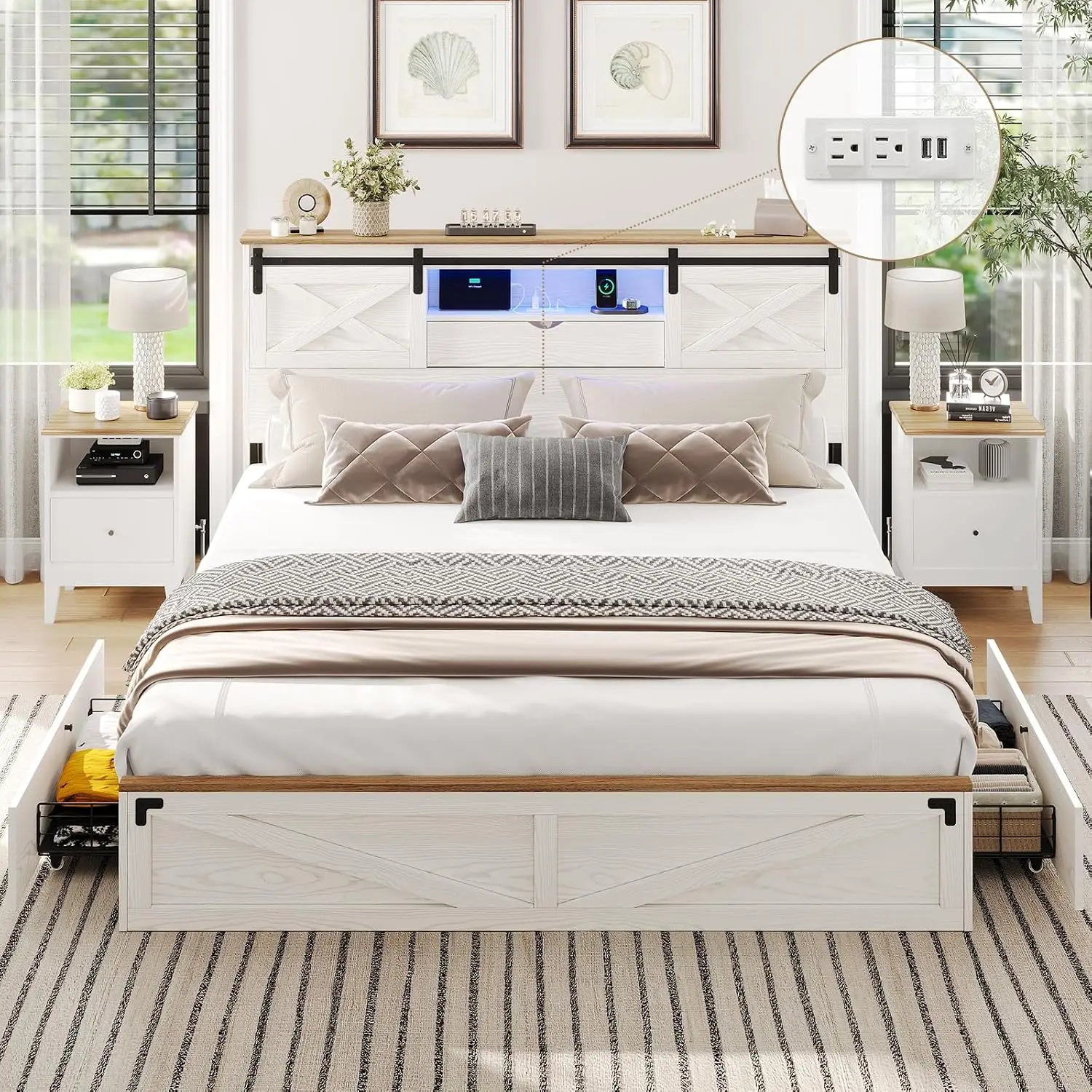Farmhouse Cal King Bed Frame Storage Bookcase Headboard Wooden LED Charging Station 2 Drawers Rustic Sliding Barn Door, Customiz