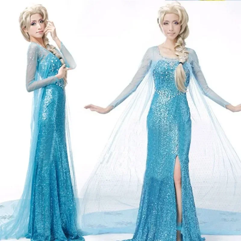 Frozen Elsa Princess Long Dress Sequin Mesh Costume Adult Snow Queen Party Halloween Carnival Cosplay MN3
