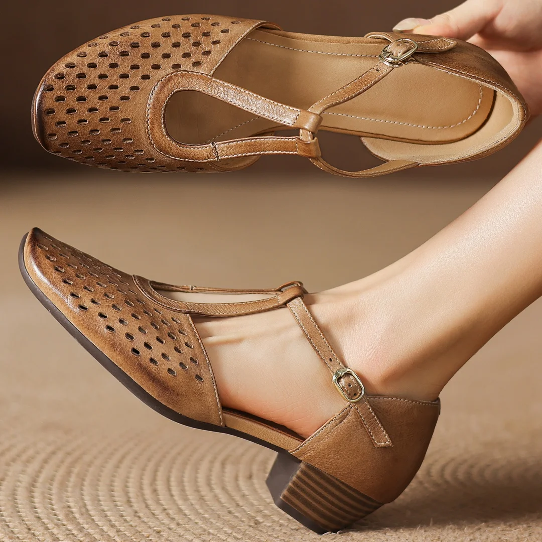 

danxuefei women's hollow-out cow leather narrow band t-strap sandals elegant ladies 3.5cm thick med heel summer daily dress shoe