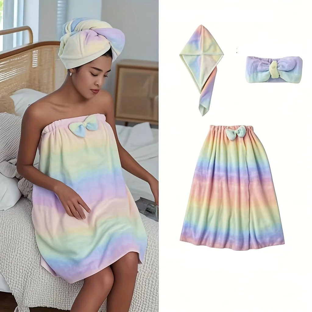 

3pcs /set dry hair cap, headband, bath towel set ultra soft quick drying towel bag wearable Women's shower skirt and shower