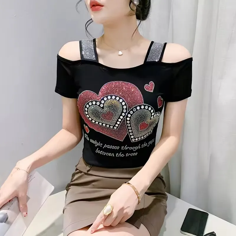 Brand Design Heart Shape Letter Women's T-Shirts High-End Shiny Hot Diamonds Mesh Tops Femme Sexy Off Shoulder Elegant Tees