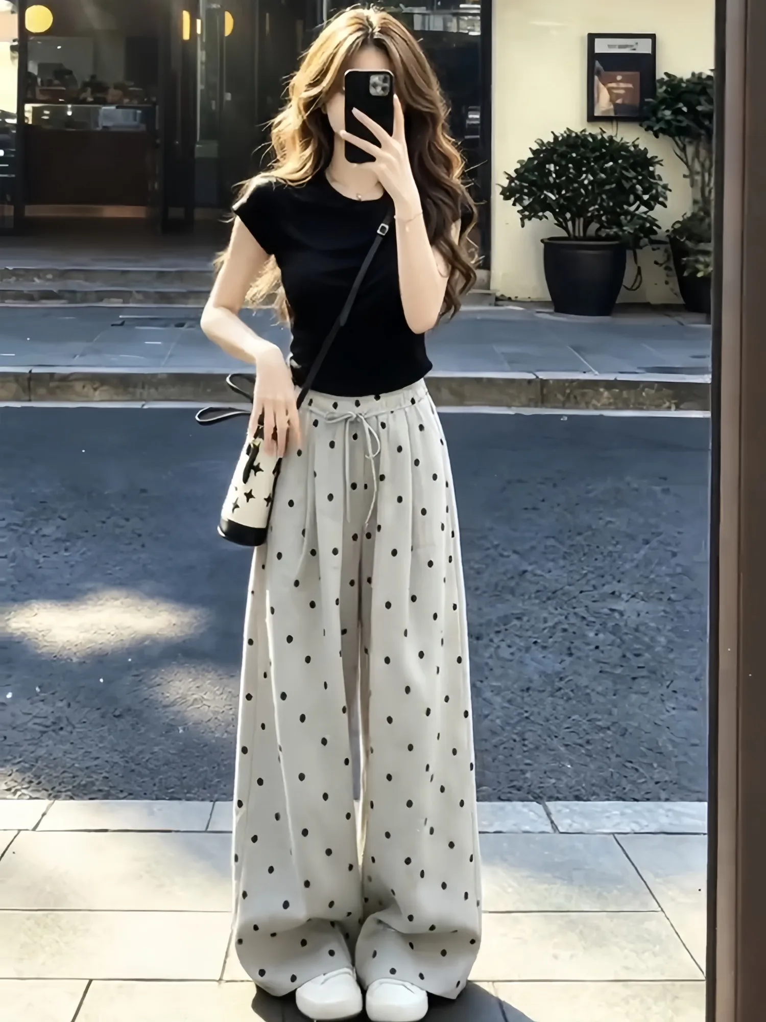 2026 Summer Fashion Women's Casual Polka Dot Print Short Sleeve T-Shirt And Pants Set Slimming Effect High Waist Breathable