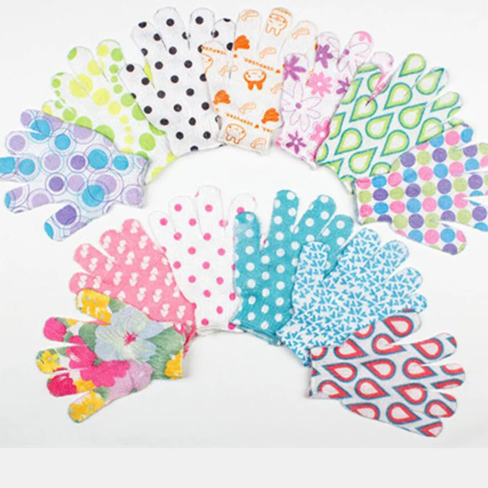 1Pair Nylon Five Finger Exfoliating Bath Gloves for Deep Cleansing Back Body Skin Scrub Smooth Radiant Shower Use Printed Design