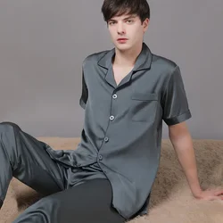 High Qaulity Pajamas Suit Men Summer New Short-sleeved Trousers Sleepwear Spring Summer Imitation Ice Silk Loungewear Solid Gent