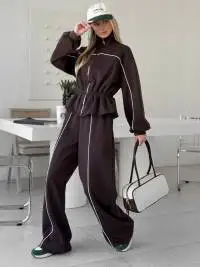 Women Fashion Black Track Suit Jacket Two Piece Suit Zip Up Cinch Waist Coat Wide Leg Pants 2026 Autumn Lady Street Matching Set