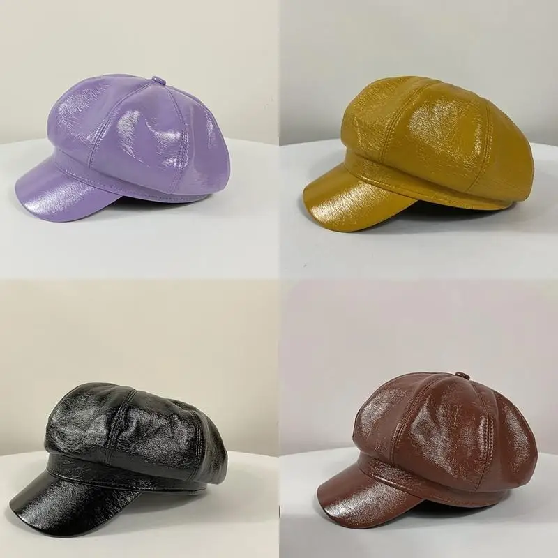 

652F Women Vintage Faux Leather Cap Solid Color Painter Octagonal Hat