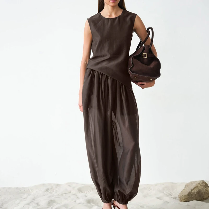 Spring Casual Perspective Pants Suit Women Sleeveless Vest Round Neck Tops+high Waist Loose Tapered Pants Autumn Two Piece Set