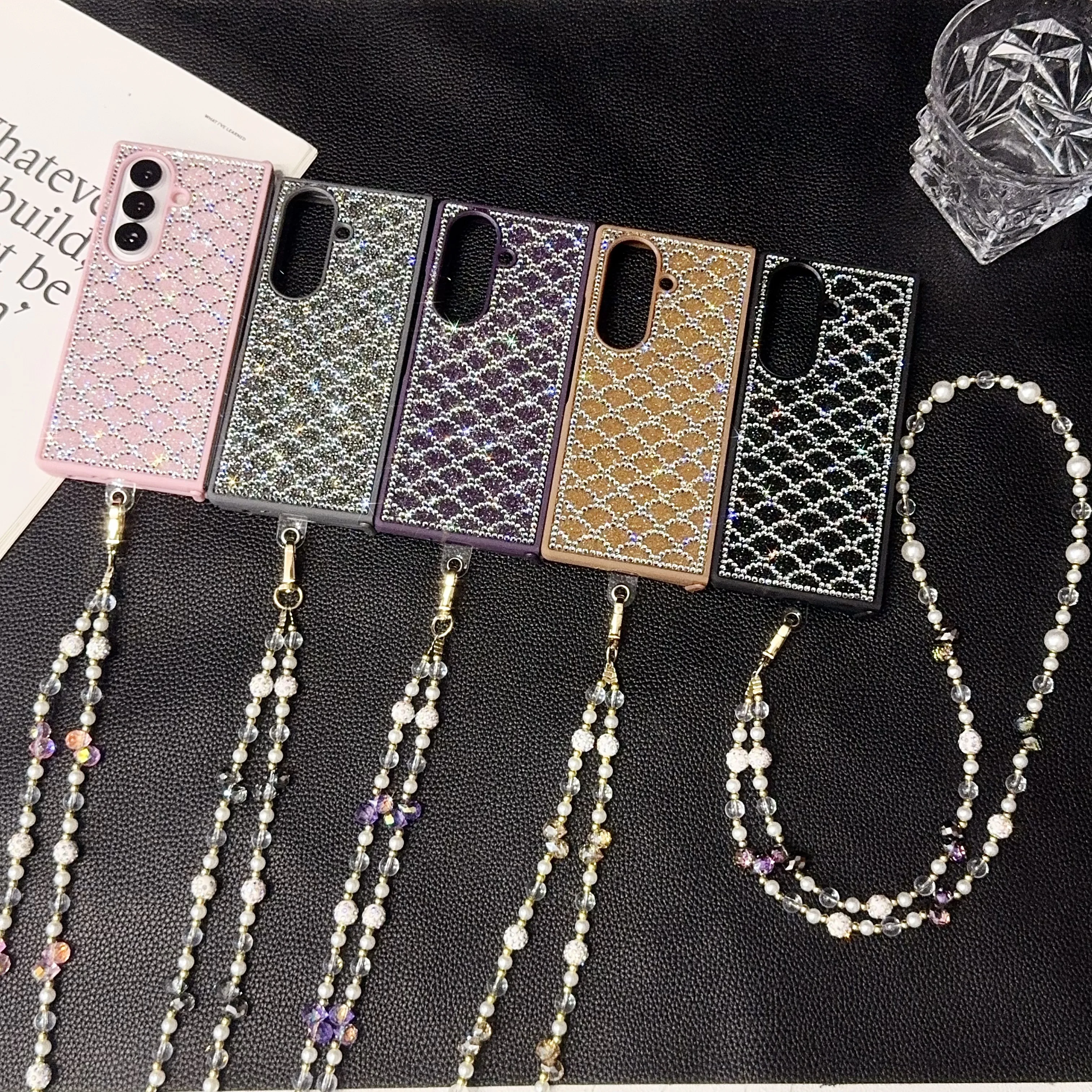 Роскошный уникальный чехол для телефона на запястье с ромбовидной шкалой и кристаллами жемчуга для Samsung Galaxy Z Fold 7, 6, 5, 4, 3