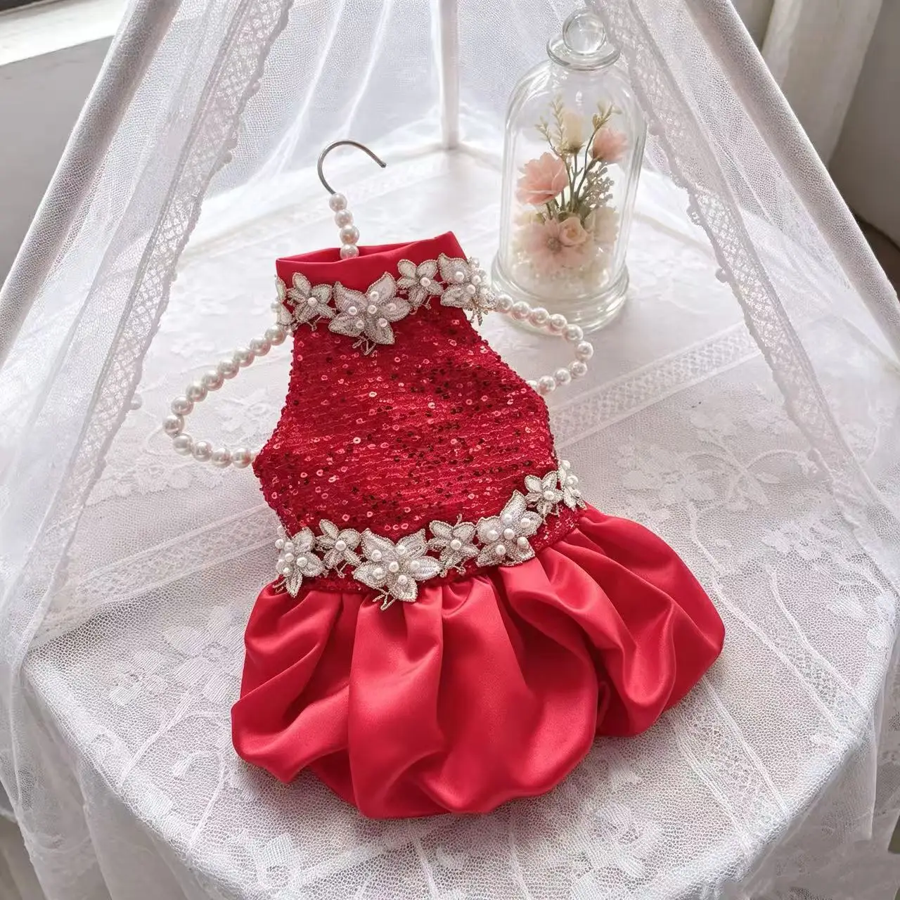 High Quality Exquisite Red Sequin Breathable Princess Dress Breathable Embroidered Pet Dress Small/Medium-sized Dog Clothing