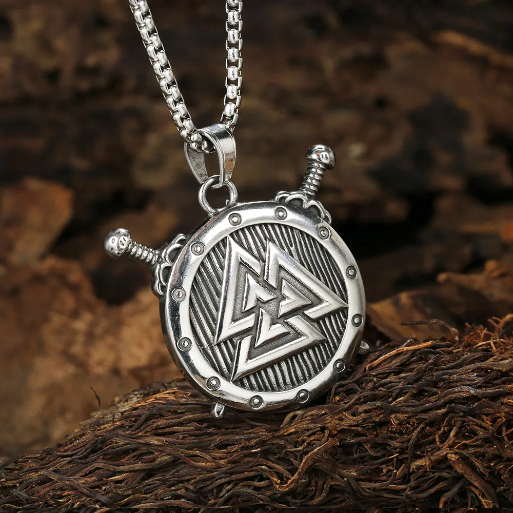 Vintage Valknut Shield Pendant Necklace Stainless Steel Norse Viking Symbol Medallion Amulet For Men Women Fashion Jewelry