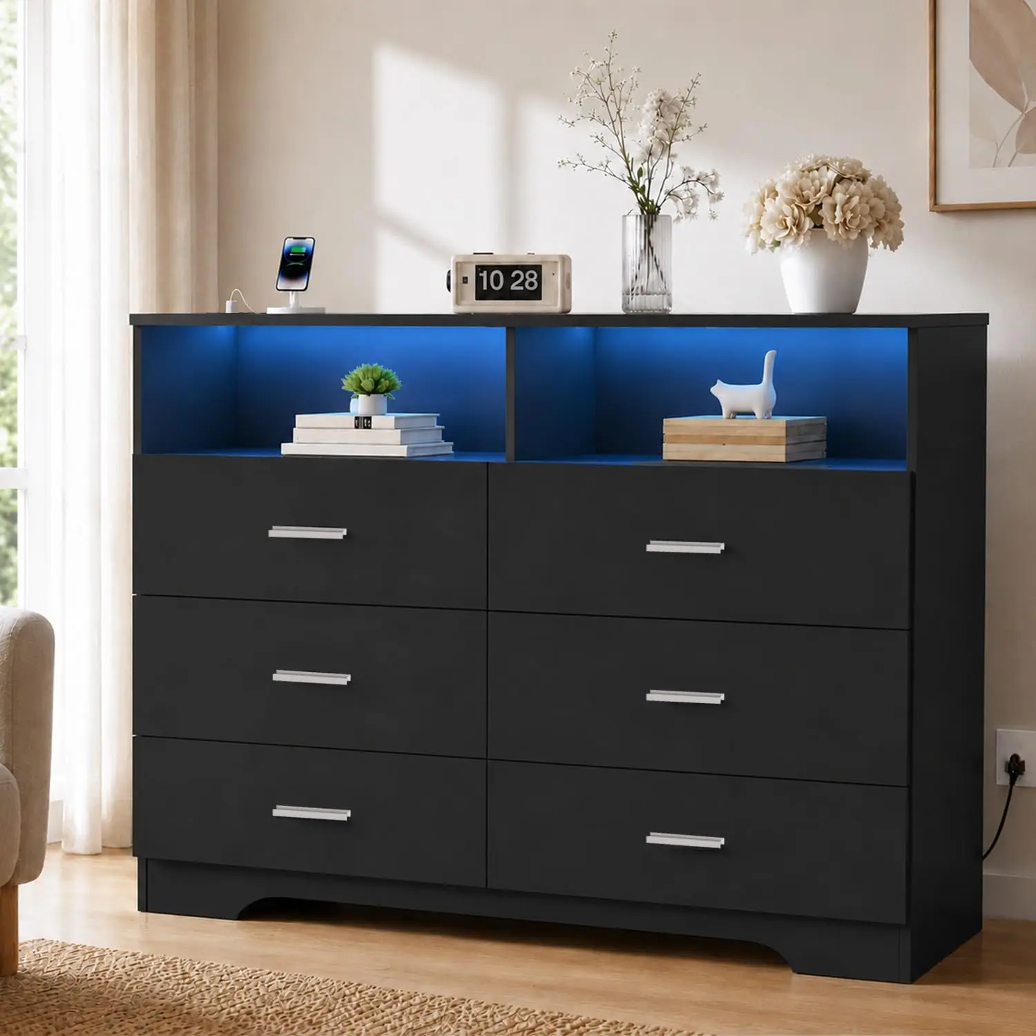 6 Drawer Dresser with Power Outlets and LED Wooden Chest of Drawers with Large Organizer Black Dresser with Metal Sliding Rails