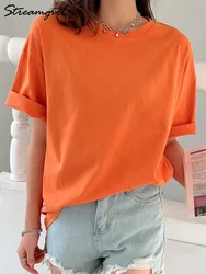 Loose Women's T-shirts Short Sleeve Summer 2023 Solid Green Tshirts For Women Casual Basic Women's Summer Tops Tees Orange