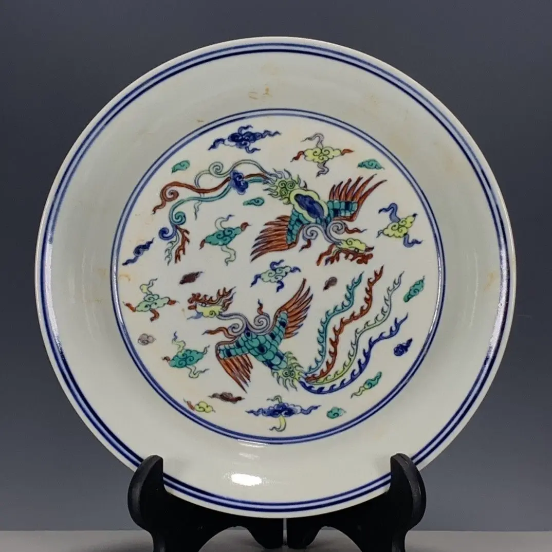 Chinese Wenwan Porcelain Decor Plate, Imitation Chenghua Mark Doucai Phoenix Pattern Appreciation Dish