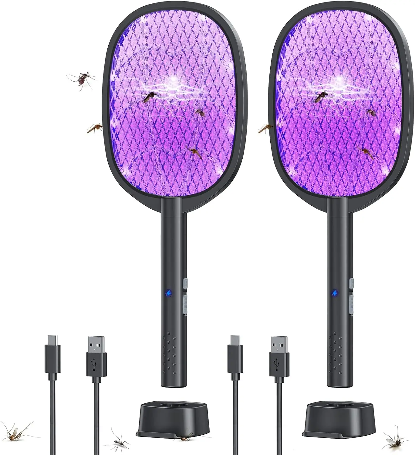 

2 Pack Electric Fly Swatter 2 in 1 Bug Zapper Racket & Mosquito Zapper,4000V with USB Charging Base，Powerful Mosquito Swatter