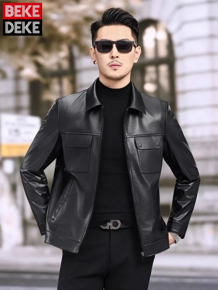 

Мужская куртка высокого качества из натуральной овчины с отложным воротником, облегающие куртки из натуральной кожи на молнии, короткая верхняя одежда, осенний красивый