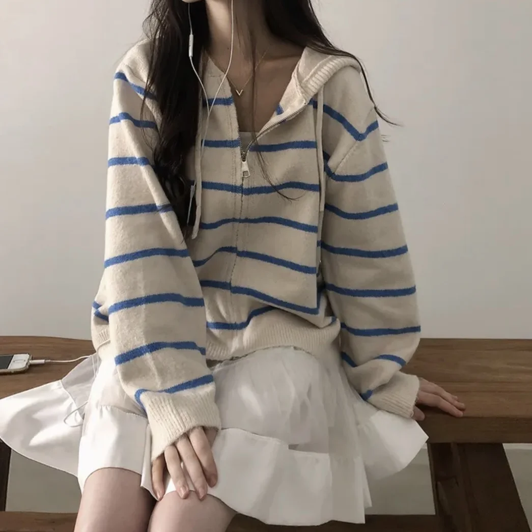 

Ladies' Korean Sle Sweater Casual Striped Loose Fit Hooded Open Cardigan Versatile Lazy Faion Winter Apparel