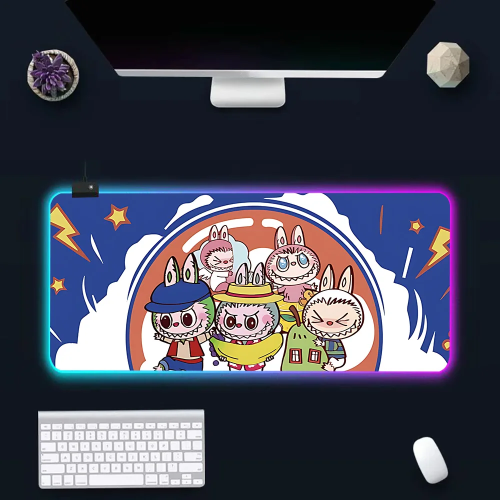 Kawaii Cartoon Cute Labubu RGB Pc Gamer Keyboard Mouse Pad Mousepad LED Glowing Mouse Mats Rubber Gaming Computer Mausepad